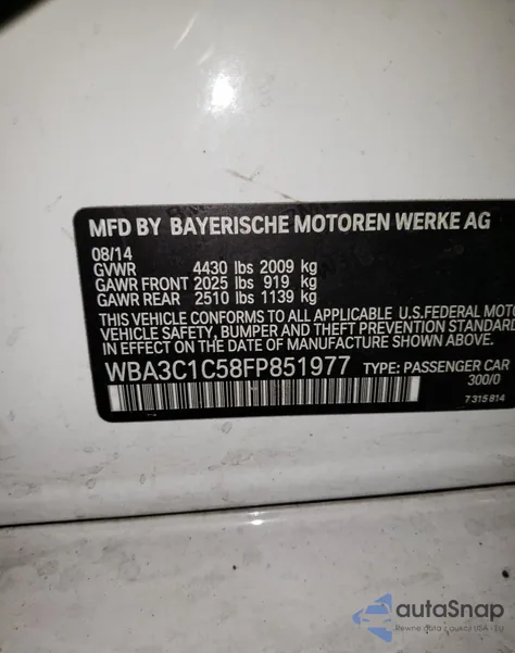 2015 BMW 328 I Sulev z USA, uszkodzony, nr VIN WBA3C1C58FP851977